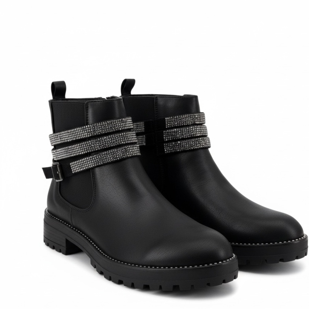 Steve Madden Black Chelsey Rhinestone Strap Buckle Ankle Boots NEW Beaded Silver